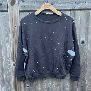 Chloe & Katie B/W Splatter Paint Distressed Crew Neck Sweatshirt,Small